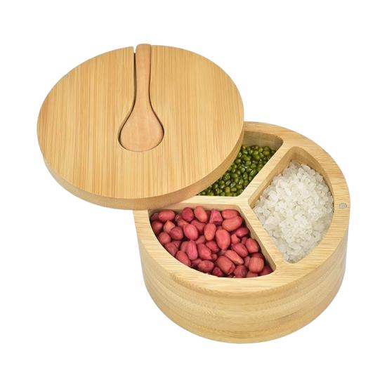 Солонка из бамбука, банка для приправ со встроенными ложками, контейнер для соли для кухни, вращающаяся крышка, коробка для специй для столешницы