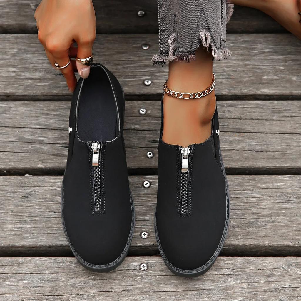 Модные женские туфли из кожи в ретро-британском стиле, осень 2024 г., новые туфли-лоферы с круглым носком и толстым каблуком, с молнией спереди, женские кроссовки