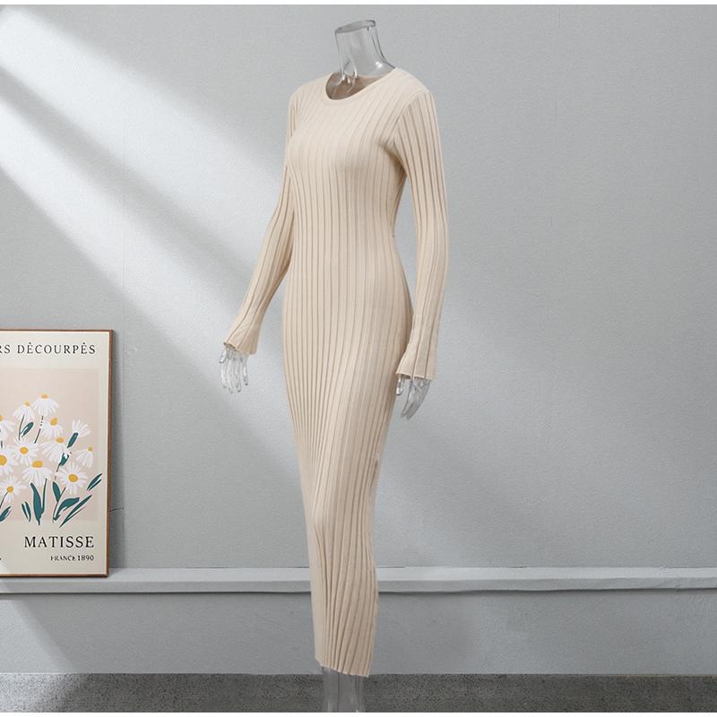 Сплошное цветное вязаное платье с круглым вырезом и длинными рукавами, женское плиссированное тонкое белое длинное платье, женская офисная уличная одежда, Vestido