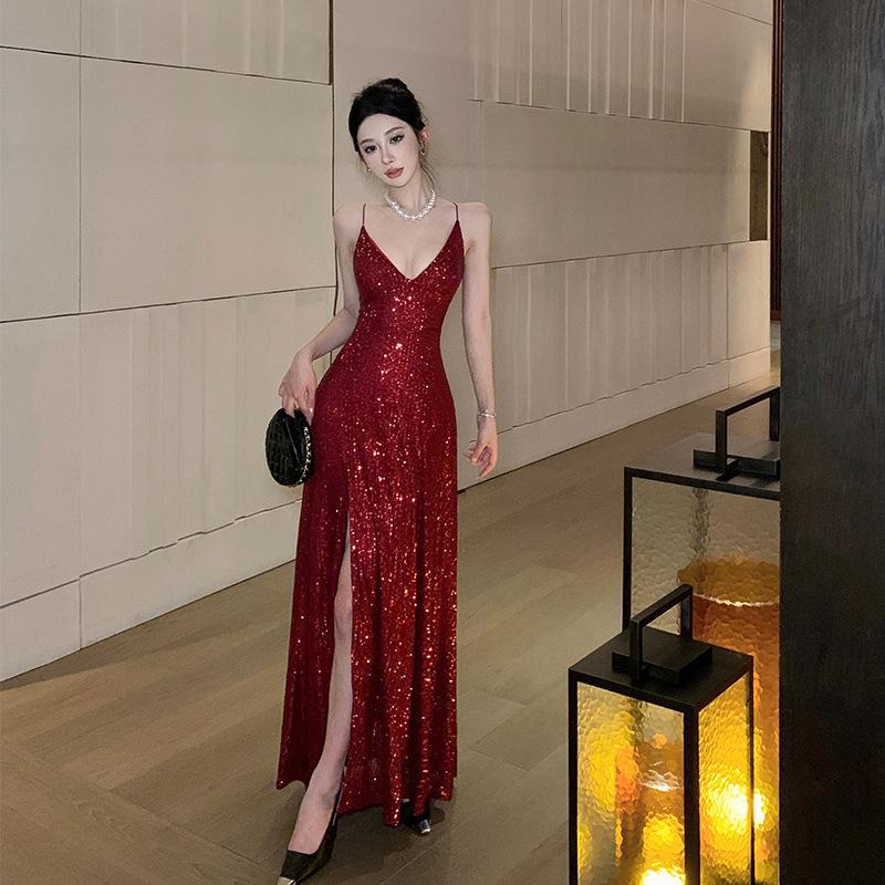 Sexy Collar Suspender Dress Women's Summer Waist Temperament Sequined Skirt High-end Evening Dress Mopping Dress