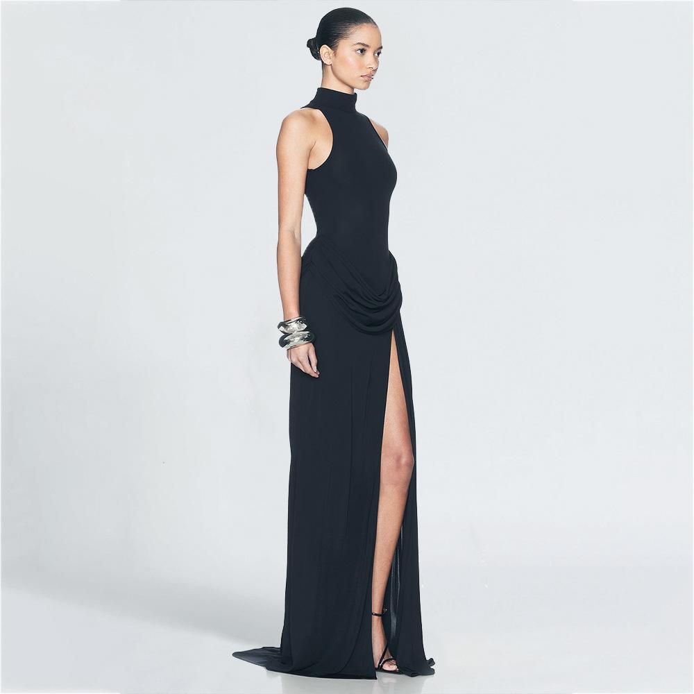 European and American summer new round neck sleeveless long dress, fashionable and sexy pleated split hip dress