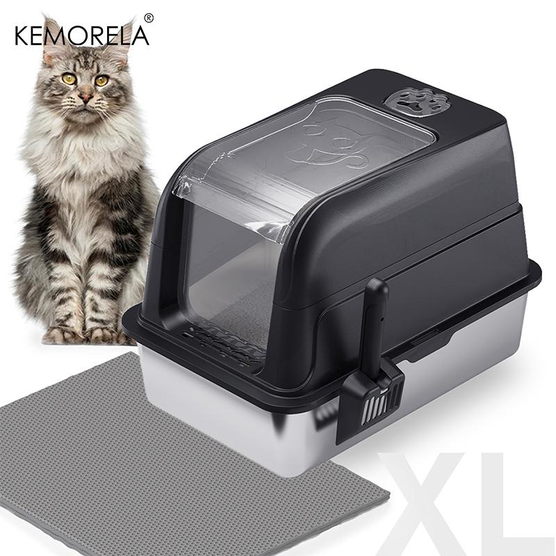 KEMORELA Закрытый лоток для кошек из нержавеющей стали с крышкой и совком, Высокобортный металлический поддон для кошек, предотвращающий протекание, для маленьких и больших кошек