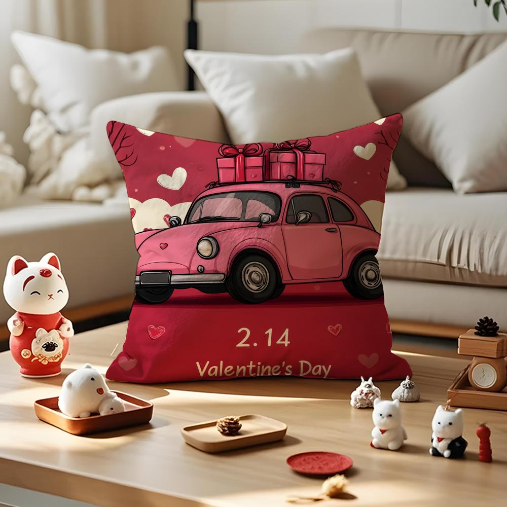 Valentines Day Cartoon Car Cushion Cover Silky Short Plush with Invisible Zipper Dustproof Sofa Pillow Case for Home Decor