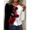 Ladies' Casual Long Sleeved T-shirt - Red Rose Flower Print with Black and White Contrasting Cuffs