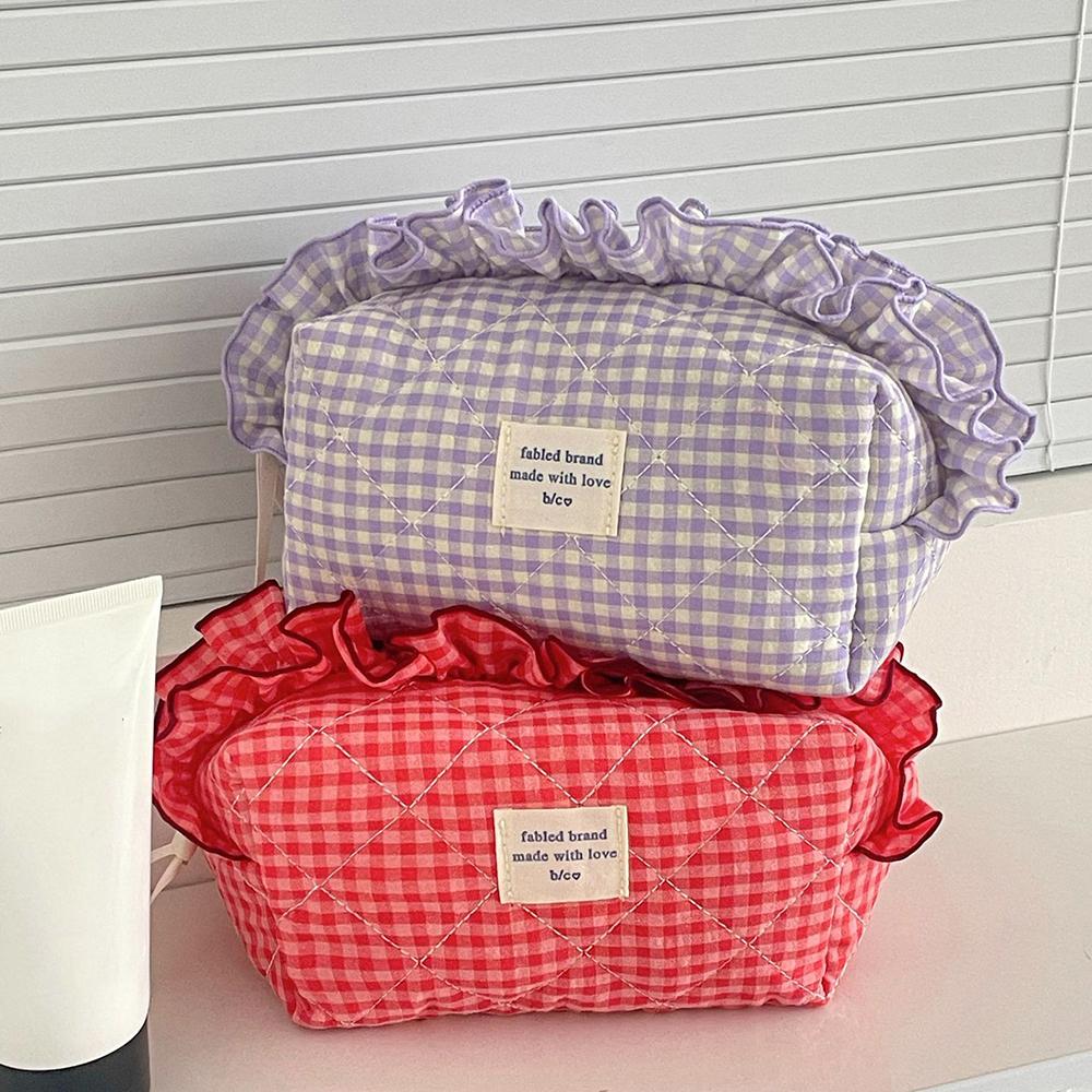 with Zipper Cosmetic Cases Plaid Pattern Toiletry Organizer Sweet Ruffle Makeup Bag Girl