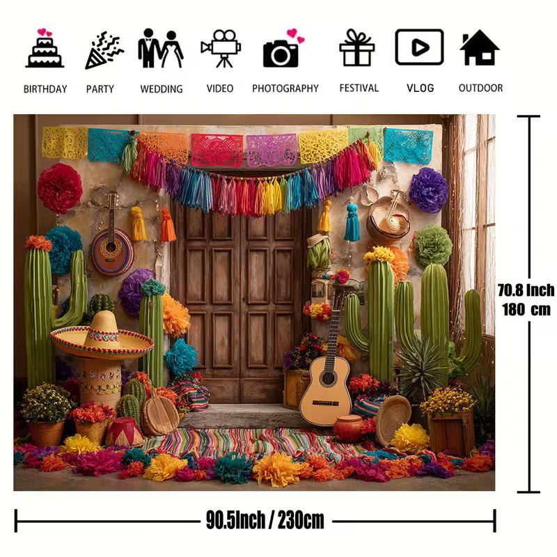 Двумерный фон для мексиканской фиесты, фон для фотосъемки Cinco de Mayo с кактусом и гитарой