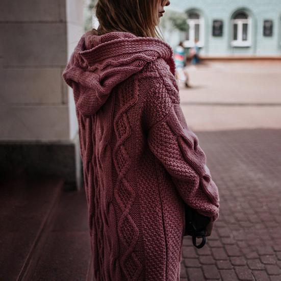 Long Style Women Cardigan Loose Fit Solid Color Hooded Front Open Warm Autumn Winter Twist Design Knit Coat For Daily Wear