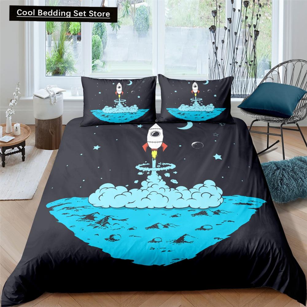 Cartoon Astronaut King Queen Duvet Cover Kawaii Spacecraft Bedding Set for Kids Outer Space Blue 2/3 Pcs Polyester Quilt Cover