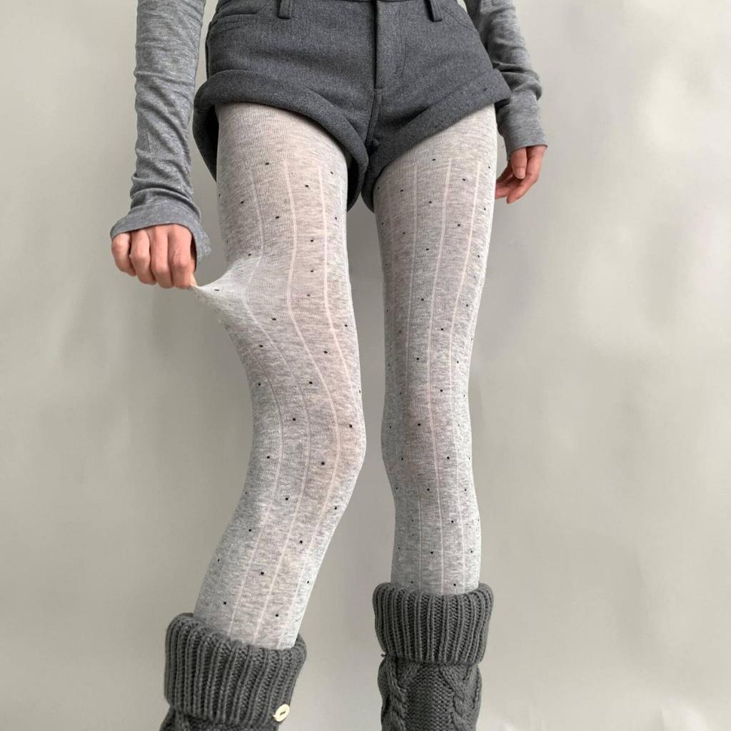 Women Polka Dot Pantyhose, Slightly‑Sheer Vertical Line Long Leg Hosiery, High‑Elastic No‑Roll‑Down Durable White Dark Gray Stockings