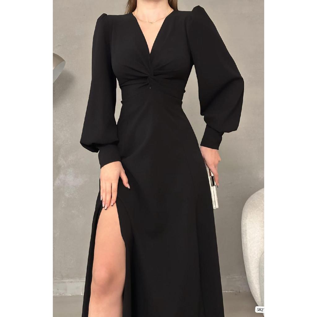 Black Crepe Fabric Front Knot Detail Maxi Length Long Sleeve Double Slit Dress