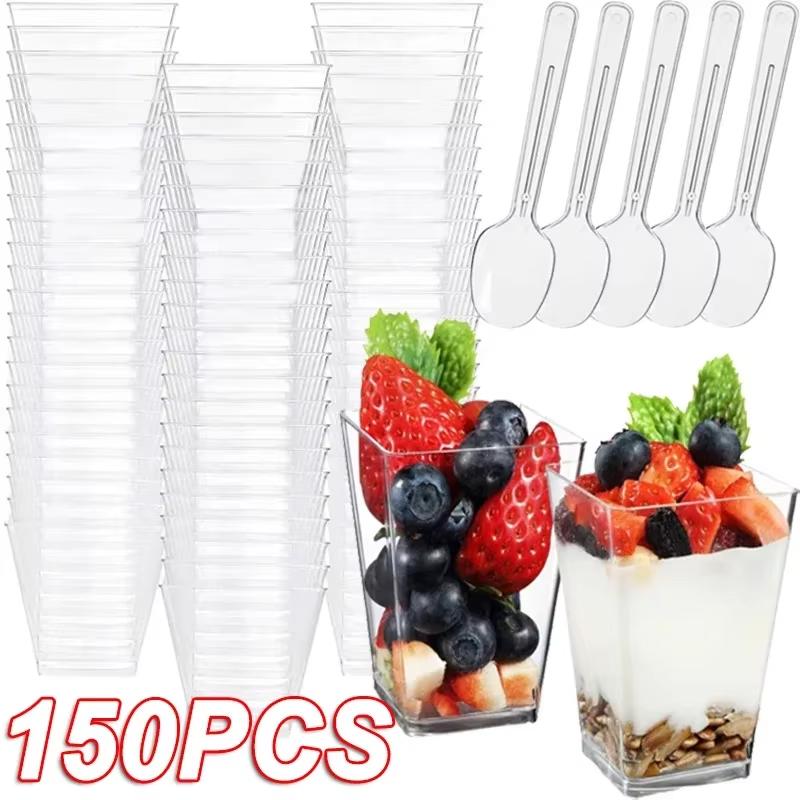 100PCS 2oz Square Mini Dessert Cups With Spoons Clear Plastic Mousse Cup Disposable Supplies for Tasting Party Dessert Appetizer