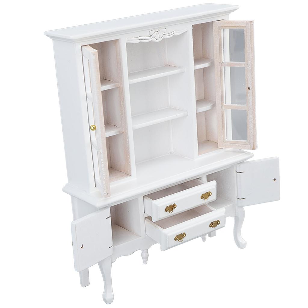 Miniature Cabinet Wooden 1/12 Scale Dollhouse Bookcase Cupboard with Openable Door Drawer for Room