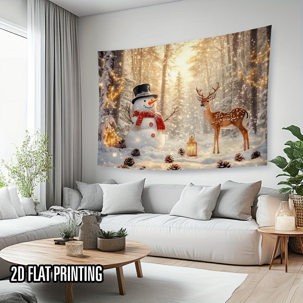 2D plane, 1 piece of winter snow forest snowman and deer lantern wall tapestry - 2D plane printed polyester fiberzyc