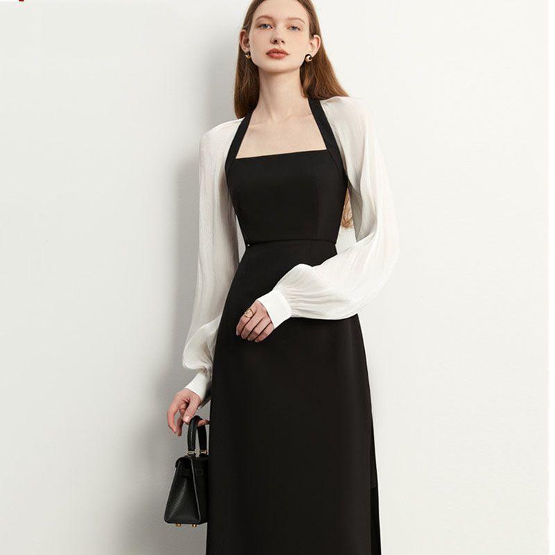 Женское белое платье с рукавами-фонариками, весеннее винтажное черное офисное длинное платье, корейская одежда