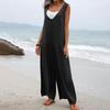 Summer Women Jumpsuit V Neck Wide Leg Deep Crotch Sleeveless Loose Solid Color Side Pockets Pullover Casual Daily Wear Full Leng