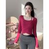 Футболка с длинным рукавом для йоги с нагрудными подушечками, женская спортивная верхняя одежда, облегающая, приталенная, квадратный вырез, на бретельках-спагетти, для бега, фитнеса