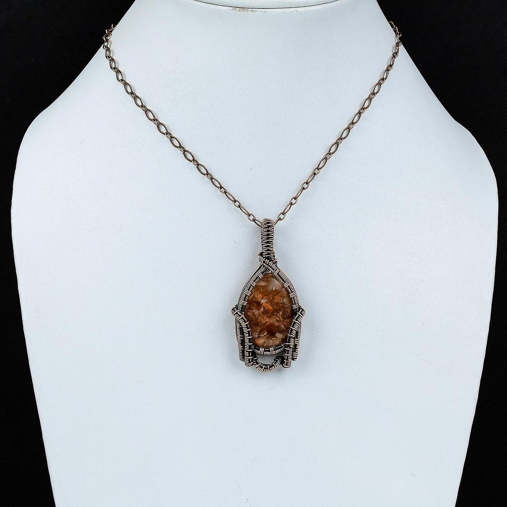 Подвеска из меди с драгоценным камнем Sunstone, подвеска из медной проволоки, подвеска ручной работы в стиле бохо-хиппи, подарок на годовщину, ювелирные изделия из Sunstone, обмотанная проволокой