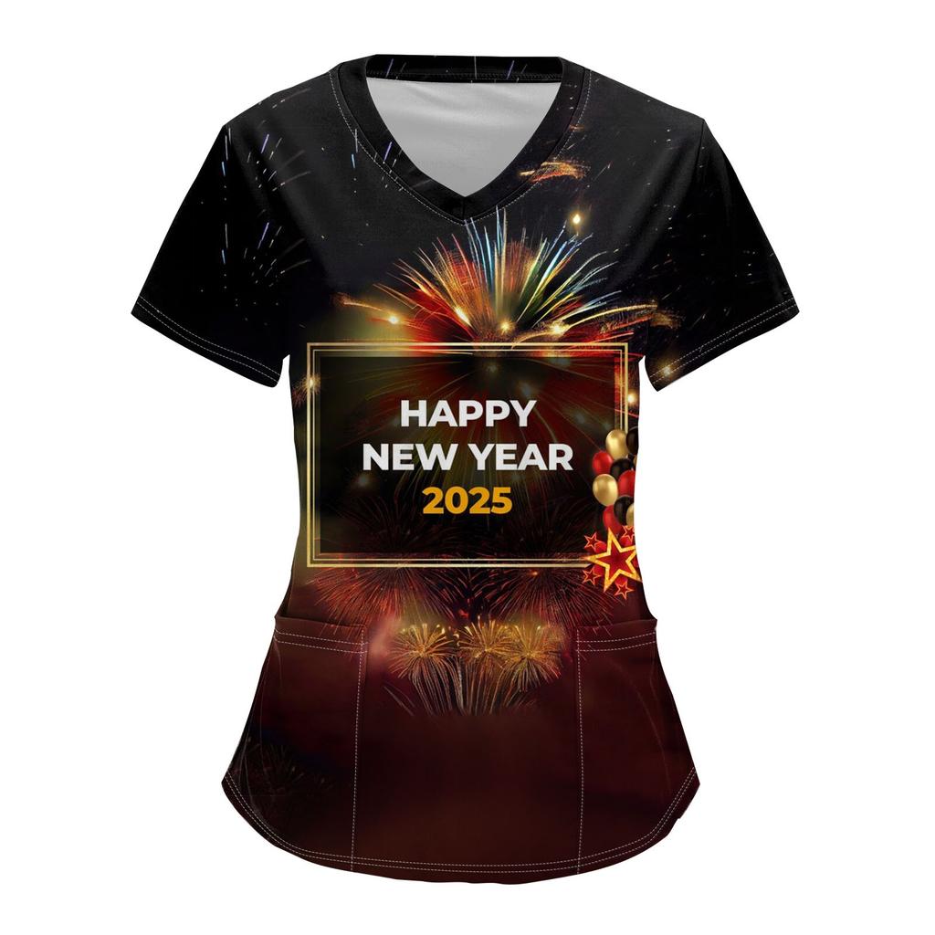 Women's Fashion V-neck Short-sleeved Overalls With Pockets 2025  Christmas Print Top