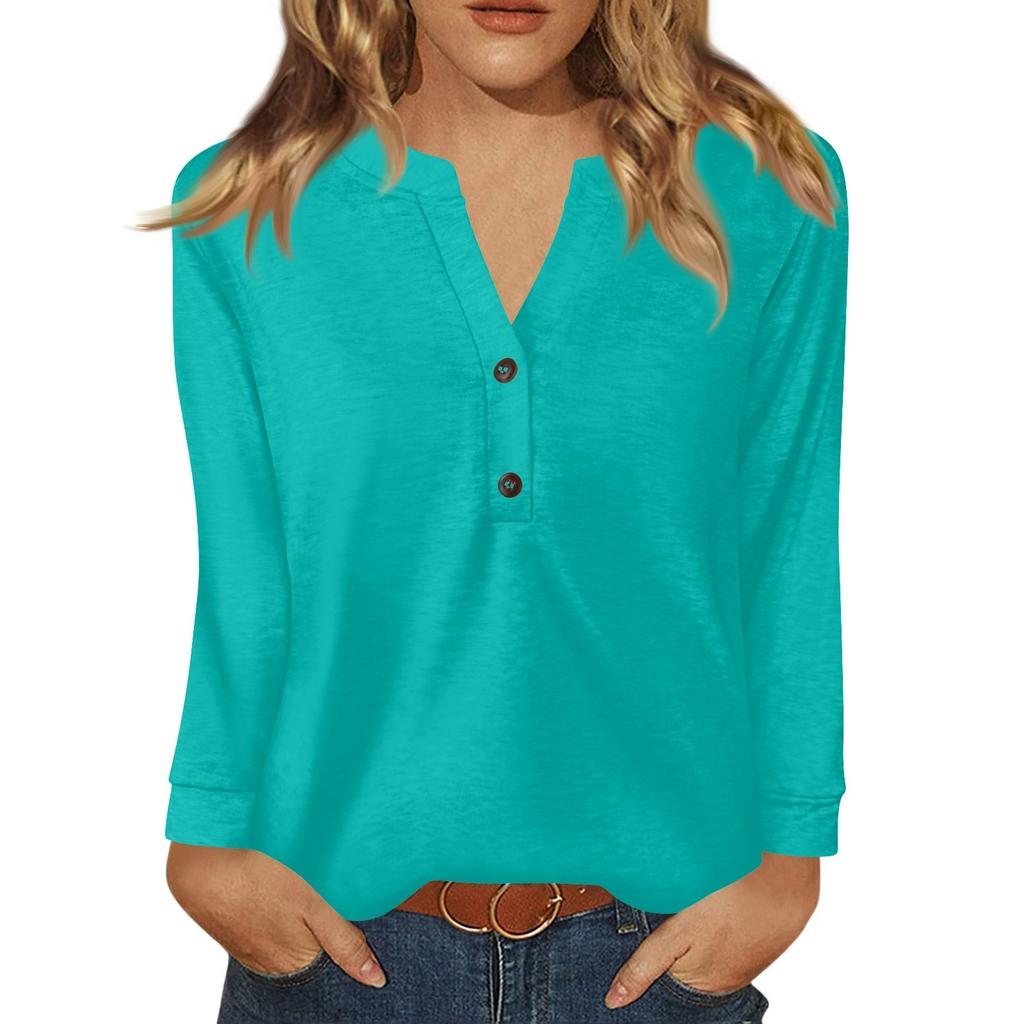 Women's T Shirt Solid Color Button Long Sleeve Daily Weekend Fashion Basic V- Neck Regular Top