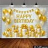 2D Neutral Gold White Birthday Backdrop with Shimmer Confetti & Balloon Garland