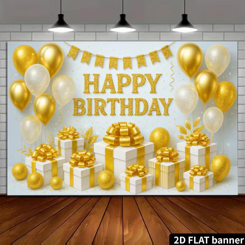 2D Neutral Gold White Birthday Backdrop with Shimmer Confetti & Balloon Garland