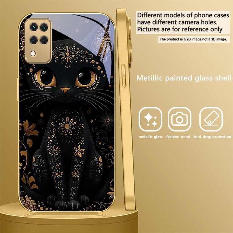 Фантастический Черный Кот Для Samsung A 01 52S A04 A05S A10 A12 A13 22 23 24 36 42 M02 Note 10 20Ultra 8 9 Золотой стеклянный чехол для телефона