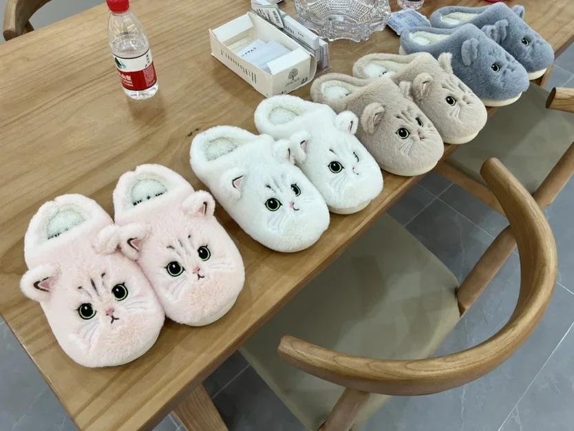 Fashion Cute Cat Slippers Fluffy Furry Women Home Platform Slippers Men Winter Plush Slides Indoor Fuzzy Slippers Lovely Cotton Shoes