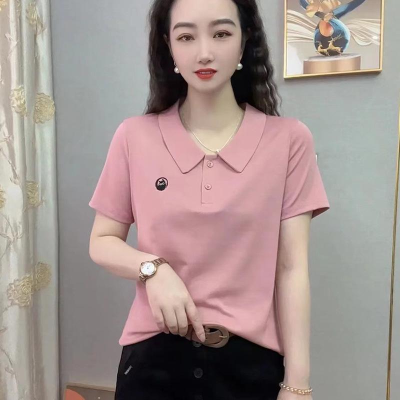 Elegant Women's Summer Cotton T-Shirt with Peter Pan Collar - Stylish Short-Sleeve Slimming Top
