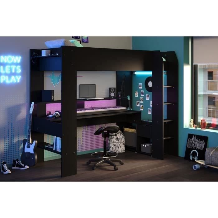 LED Gamer ONLINE Combined Children's Loft Bed - 90 X 200 Cm - Matt Black - Bed Base Included - PARISOT