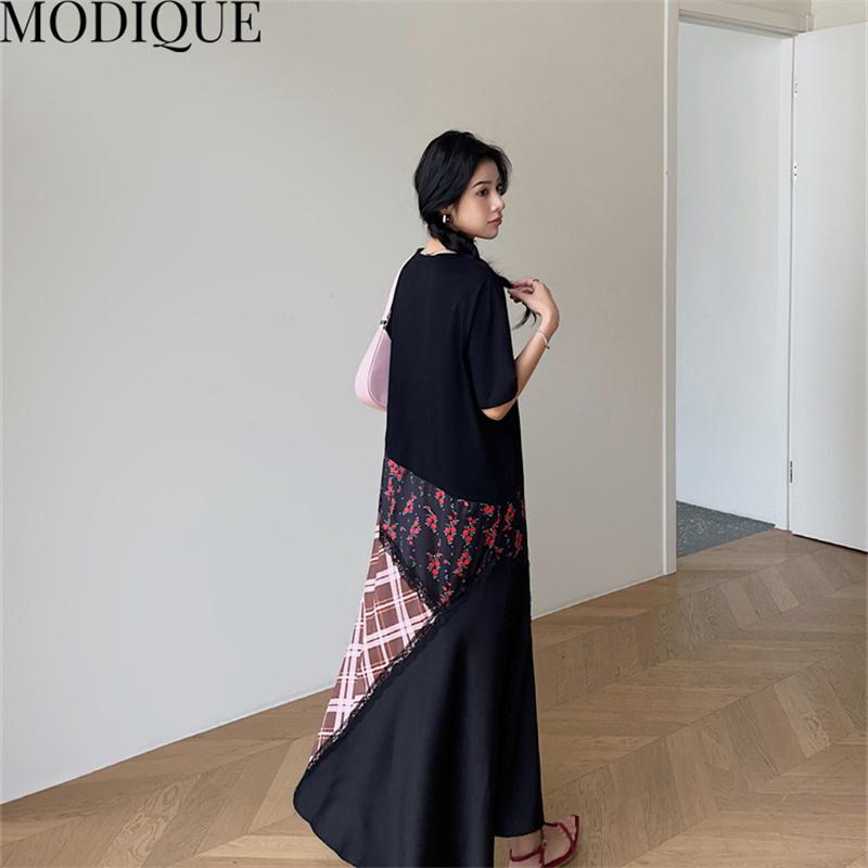 MODIQUE Summer Plus Size New Women Loose Patchwork A-Line Lace Printing Plaid Long Dresses Elegant Lady Casual Cotton O-Neck Short Sleeve Skirt