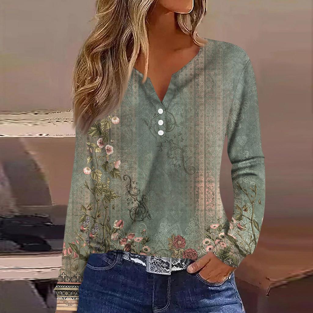 Women's T Shirt Tee Button Long Sleeve Daily Weekend Fashion Basic V- Neck Regular Top