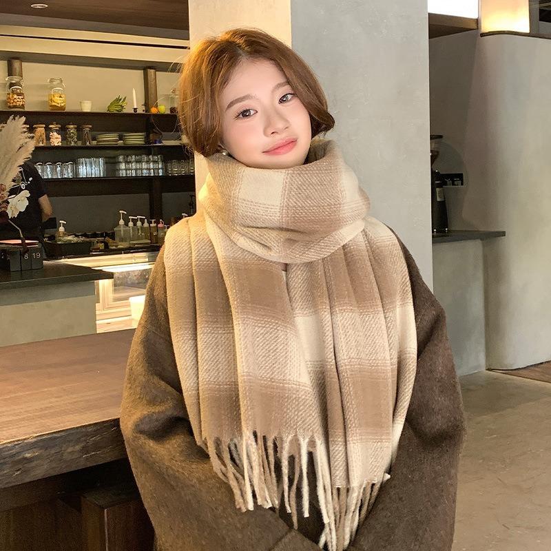 2025 Korean Imitation Cashmere Scarf Women's Autumn and Winter High-end Warm Shawl Cute Versatile Plaid Scarf