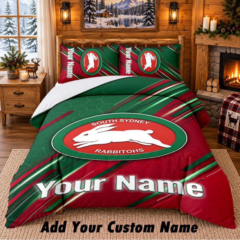 South Sydney Rabbitohs Pattern Bedding 3Pcs Set Custom Name, Bed Sheet And Pillowcases For Home Bedroom