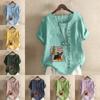 Women's New Fashion Linen Shirt Round Neck Short Sleeve Cartoon Pattern Printed T-shirt Summer Ladies Casual Plus Size Blouse Tops