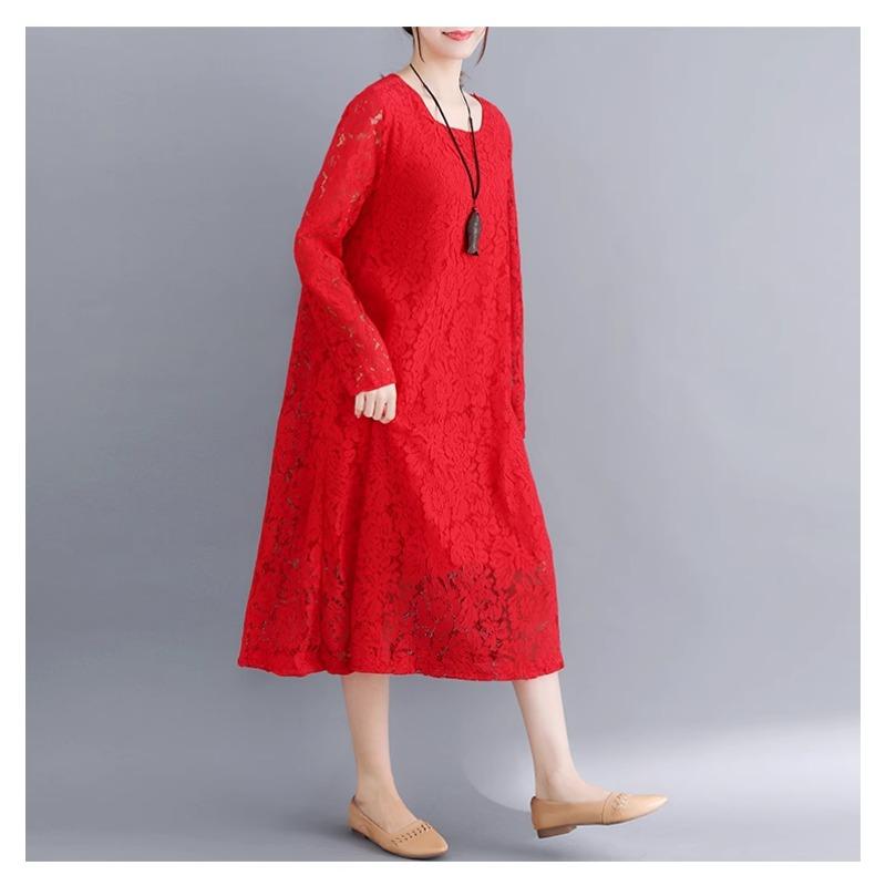 Весна-лето Плюс Размер Женское Однотонное Утягивающее Кружевное Платье