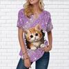 Женская летняя футболка с фиолетовым звездным принтом кота, футболки с короткими рукавами, повседневные топы с принтом, маленький v-образный вырез с короткими рукавами
