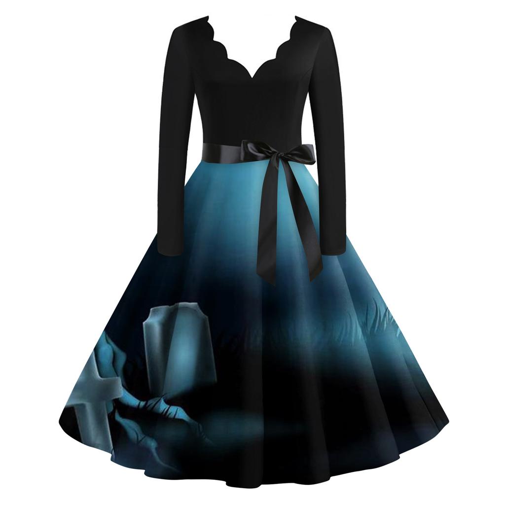 Женское винтажное классическое платье с вырезом на талии и галстуком-бабочкой с длинными рукавами на Хэллоуин с принтом и V-образным вырезом, свободное платье