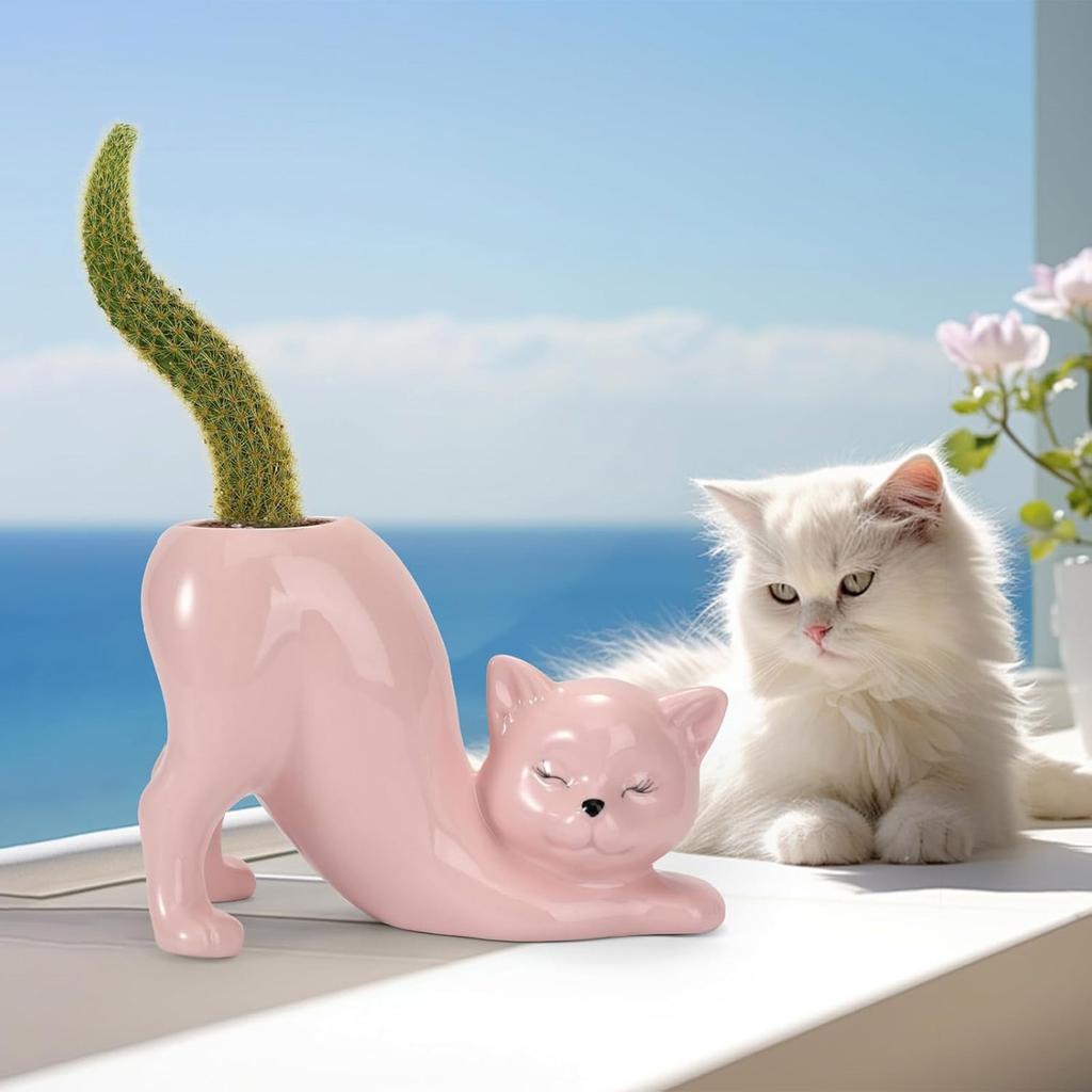 Ceramic Fleshy Plant Pot Cat Planter Plant Flowerpot Ornament for Fleshy Plant Cactuses Container for Home Balcony