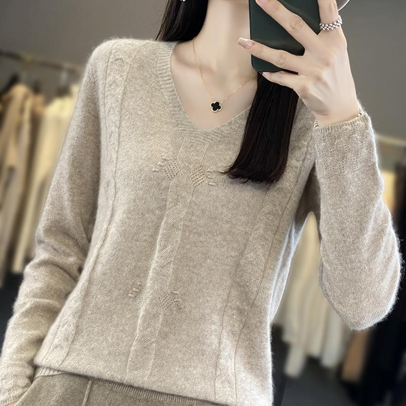 INDFS Женская мода Повседневный Осень Зима Однотонный Принт Длинный Рукав V-образный Вырез Свитера