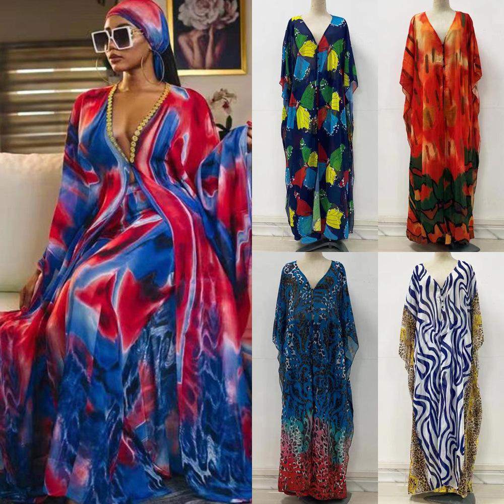 Spring new dress African women's clothing, chiffon large size deep V printing temperament dress