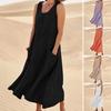 Women Summer Dresss O Neck A-line Loose Hem Sleeveless Pockets Soft Breathable Casual Mid-calf Length Sundress Daily Midi Dress