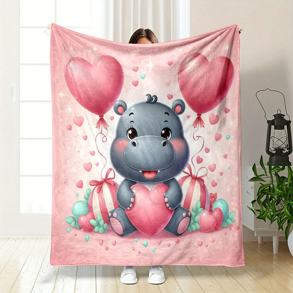 Hippo with Heart Balloons and Gifts print blanket soft and cozy perfect for the living room bed sofa or a nap,gift