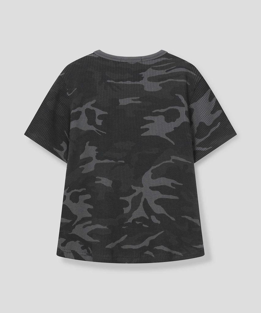 SLOW RECORD HOUSE Logo Waffle Crop T-Shirt_Camo (Charcoal)