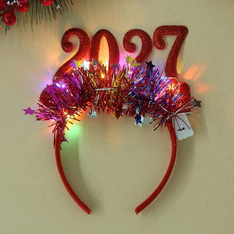 Новогодняя повязка на голову 2027 Праздничный аксессуар для волос для рождественских вечеринок с блестящими цифрами и отделкой из маленьких звездочек