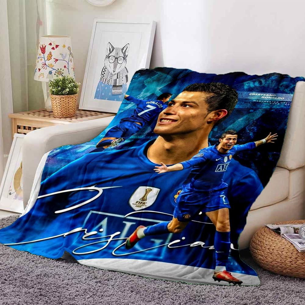 Cristiano Ronaldo Retro Blue Jersey Print Flannel Blanket Soft Warm Throw Blanket Football Fan Sofa Bed Decor
