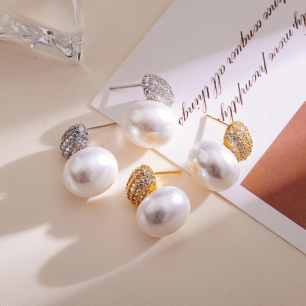 Fashion Oval Imitation Pearl Stud Earrings for Women Geometric Cubic Zirconia Elegant Bridal Earring Wedding Jewelry