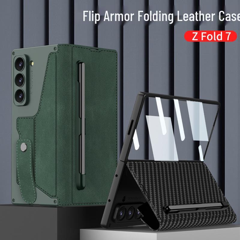Бизнес-стиль Samsung Z Fold7 Armor чехол-книжка со слотом для ручки, держателем для карт и защитной пленкой для экрана.