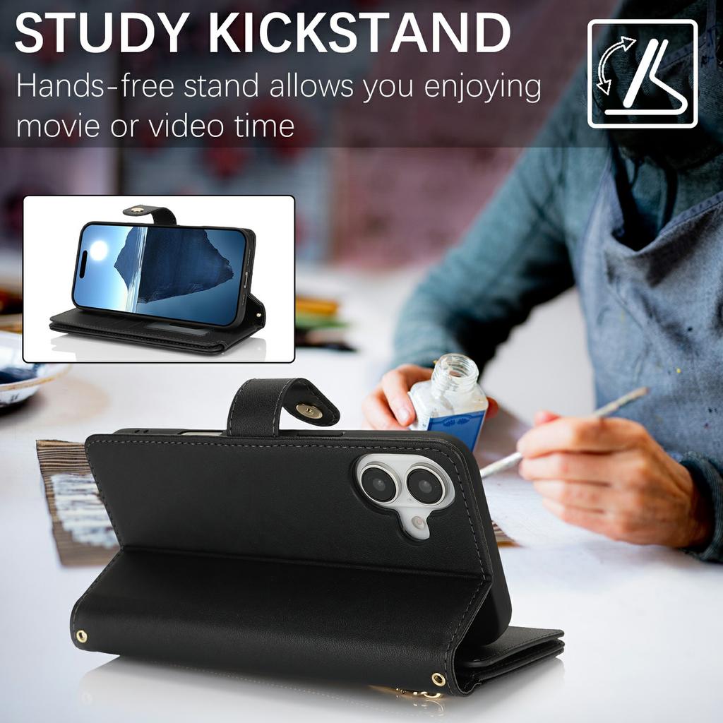 For iPhone 16 Stand Case PU Leather Phone Cover with Straps/Zipper Wallet/Multiple Card Slots