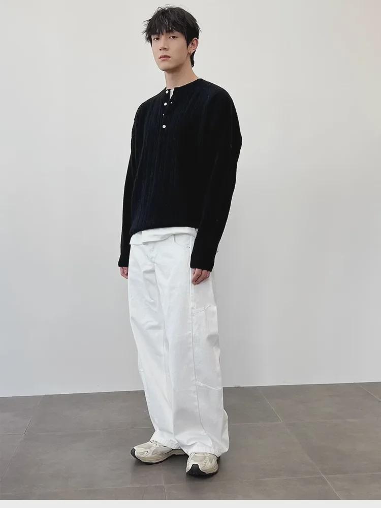 Мужской свитер высокого качества в корейском стиле с воротником хенли — плотная вязка, скрученная вязка, свободный крой, для весны и осени