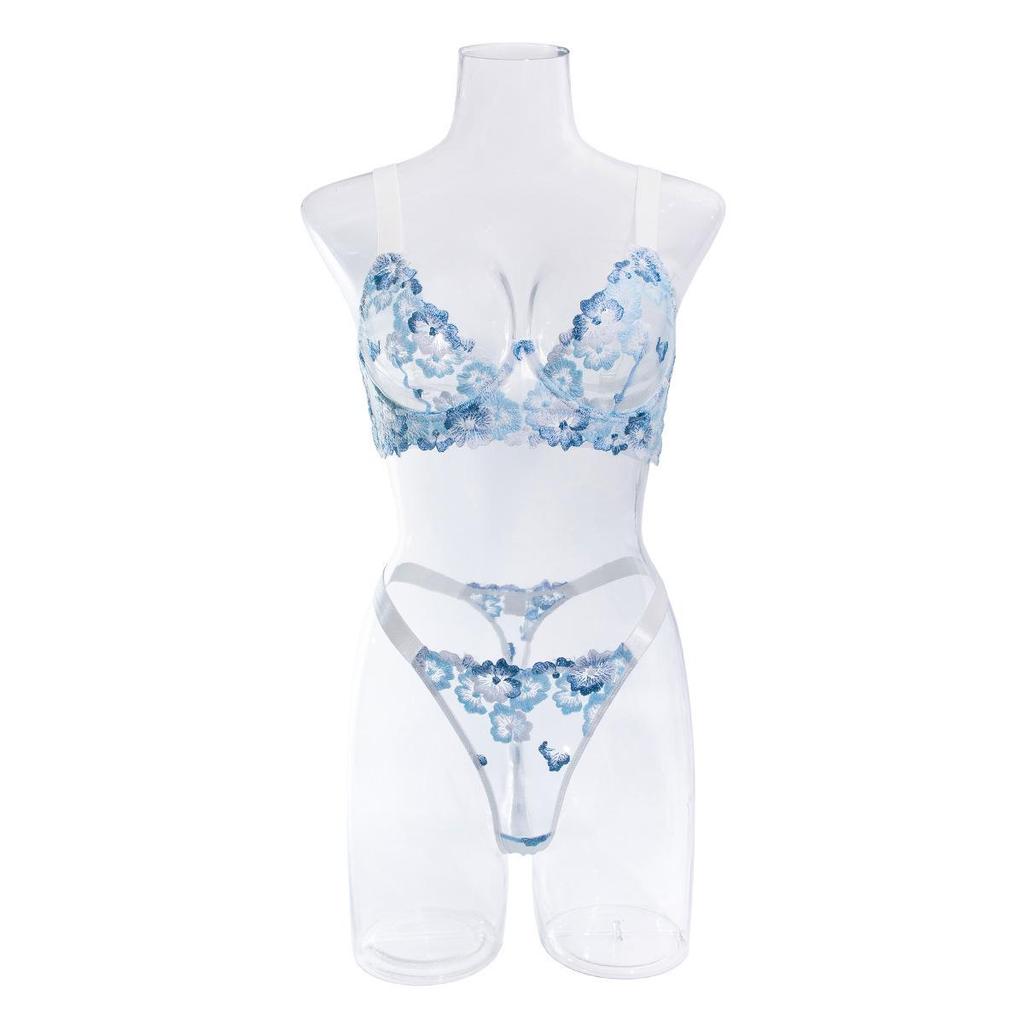 Blue Embroidered Low Cut Underwire Bra & Lingerie Set